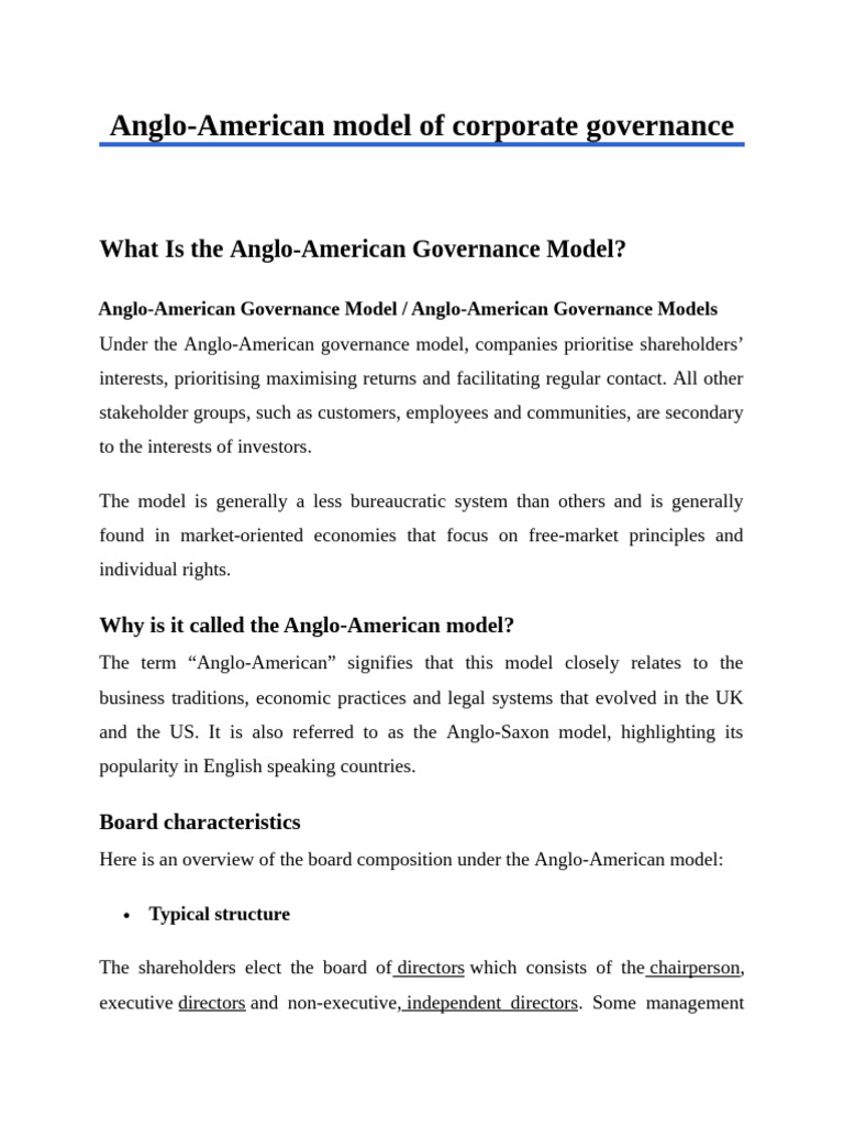 Anglo-American Corporate Governance Model | PDF | Corporate Governance ...