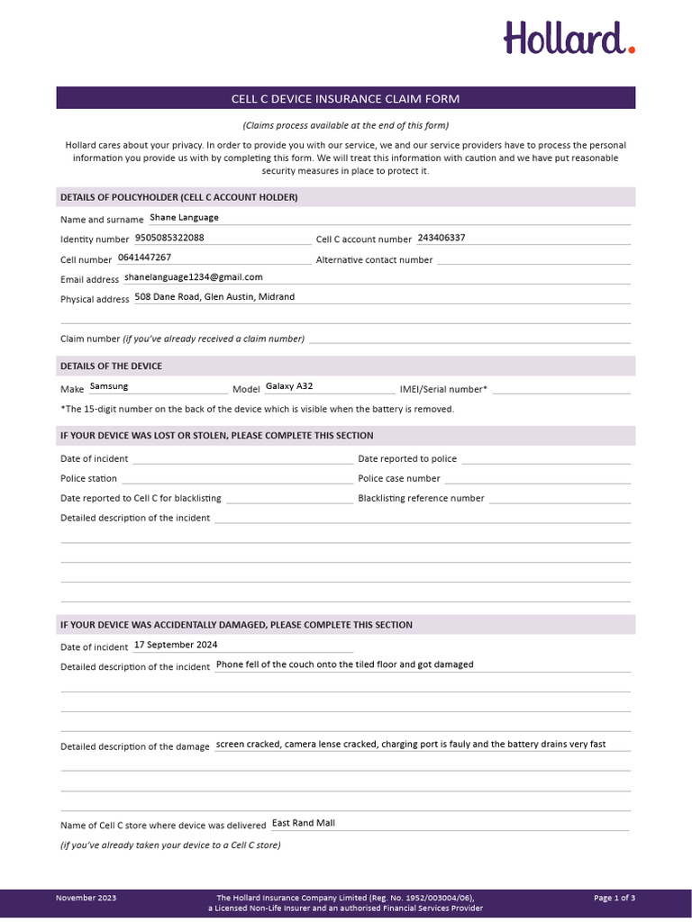 Cell C Device Insurance Claim Form | PDF | Insurance