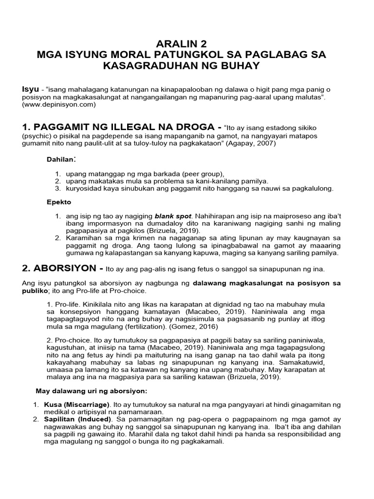 LECTURE - ARALIN 2 - MGA ISYUNG MORAL PATUNGKOL SA PAGLABAG SA ...