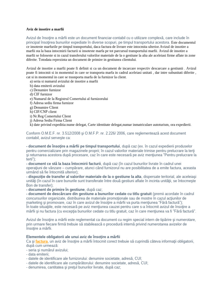 Bon Transfer, Aviz de Insotire A Marfii | PDF