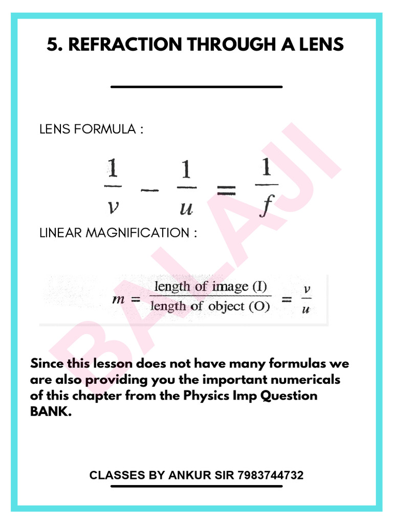 Important Formulae Sheet-5 Lens | PDF
