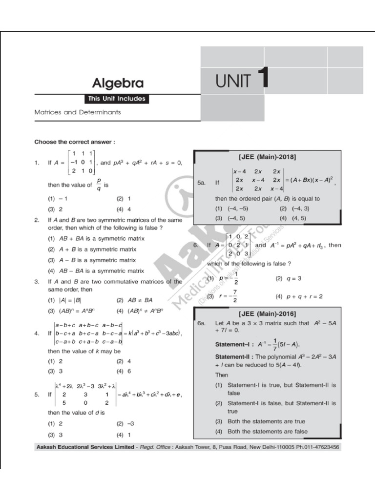1) Matrices and Determinants - Aakash - 2021 - Anna's Archive | PDF