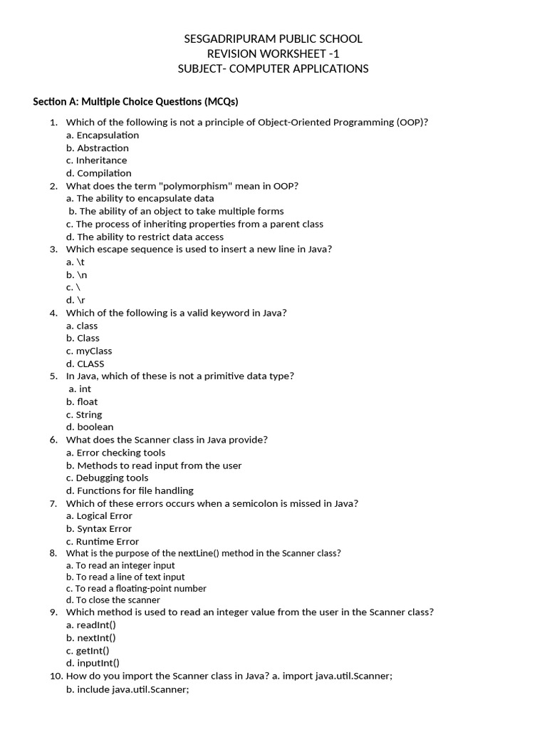 Java Programming Revision Worksheet | PDF | Class (Computer Programming ...