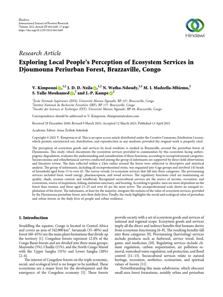 Local Perceptions of Ecosystem Services in Congo | PDF | Forests | Ecology
