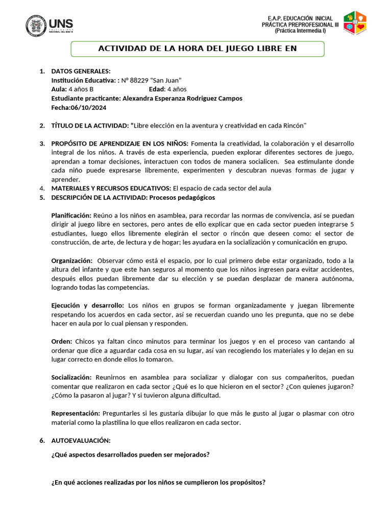 LA HORA DEL JUEGO LIBRE EN SECTORES-ALEXANDRA RODRIGUEZ(DIA 06) | PDF ...
