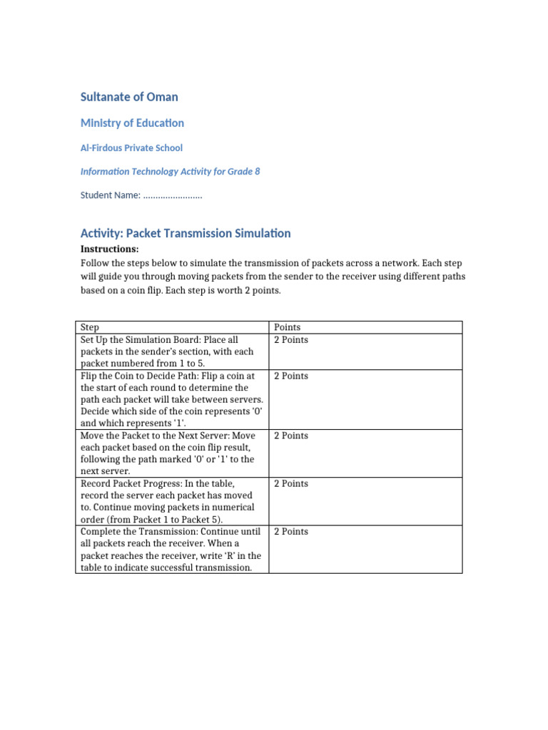 Packet Transmission Simulation Activity Grade8 | PDF