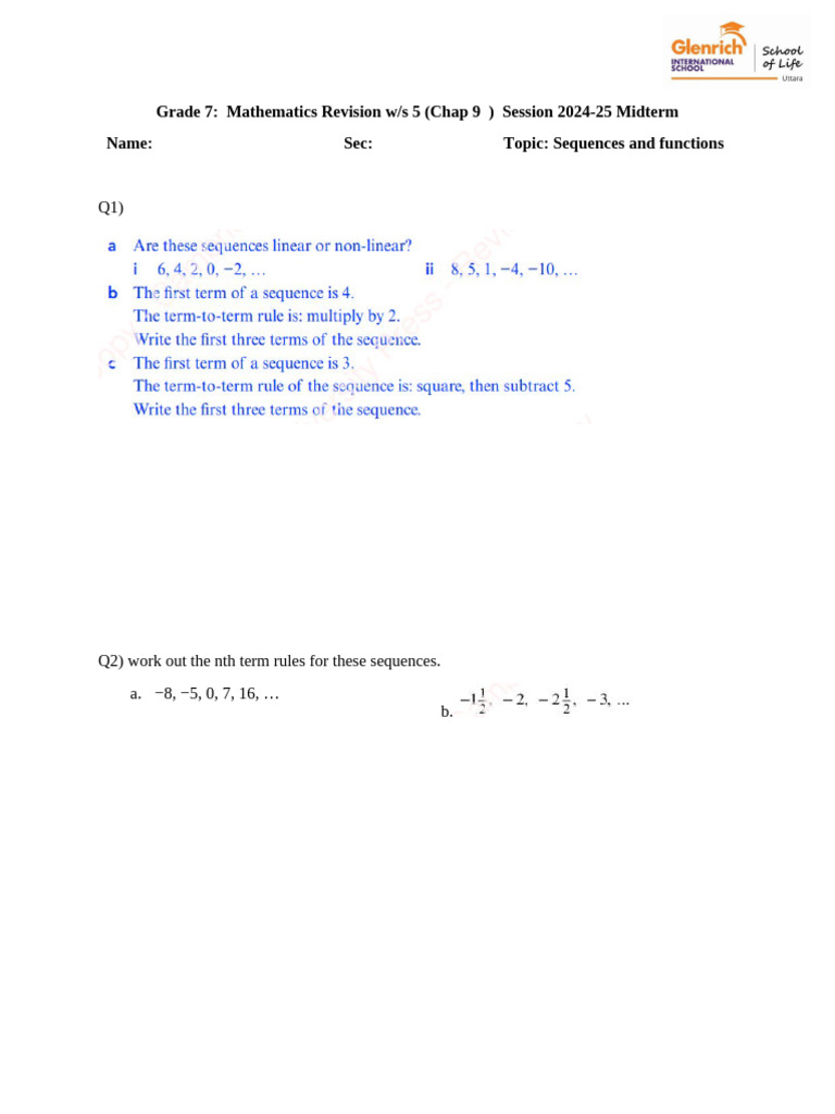 Grade 7 Math: Sequences & Functions Revision | PDF