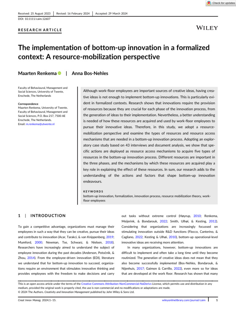 Creat Innov Manage - 2024 - Renkema - The Implementation of Bottom Up ...