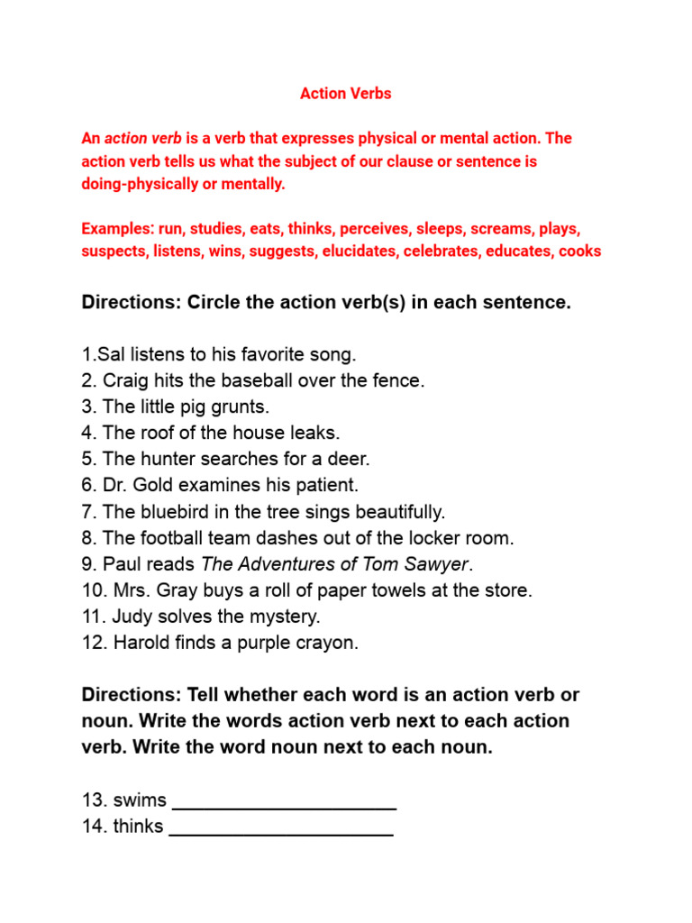 Understanding Action Verbs in Sentences | PDF