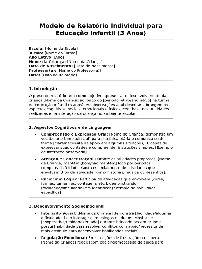 Relatório Individual Educação Infantil 3 Anos | PDF | Pré-escola | Cognição