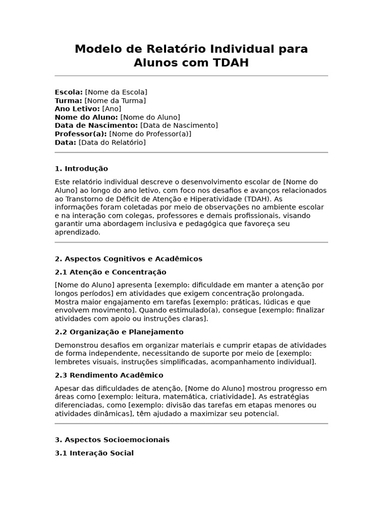 Relatório Individual de Aluno com TDAH | PDF | Transtorno de déficit de ...