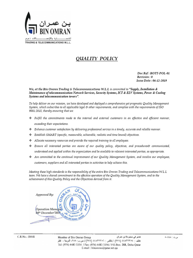 Quality Policy for Telecom Services | PDF