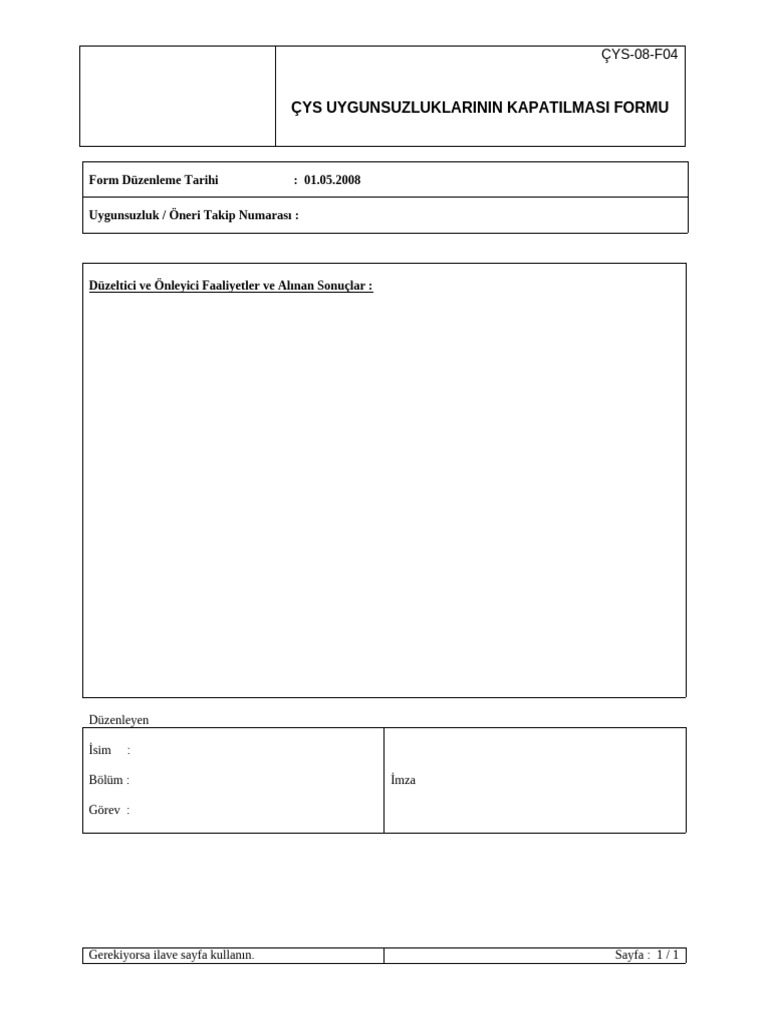 Cys Uygunsuzluklarin Kapatilmasi Formu | PDF