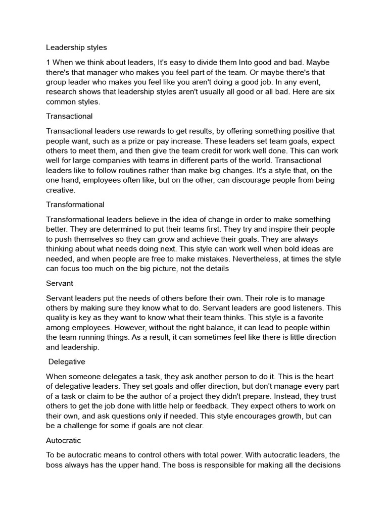 Overview of Leadership Styles | PDF | Leadership | Servant Leadership
