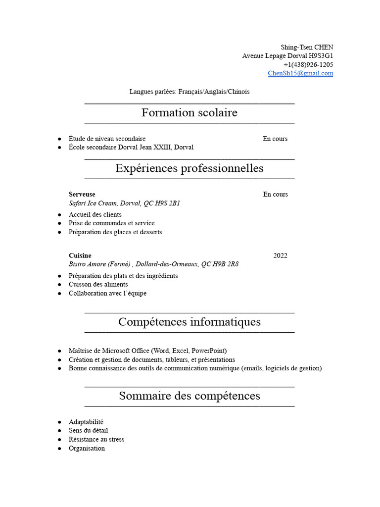 CV de Shing-Tsen Chen - Serveuse et Étudiante | PDF