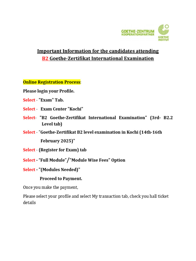 B2 Exam Reg. Instruction | PDF