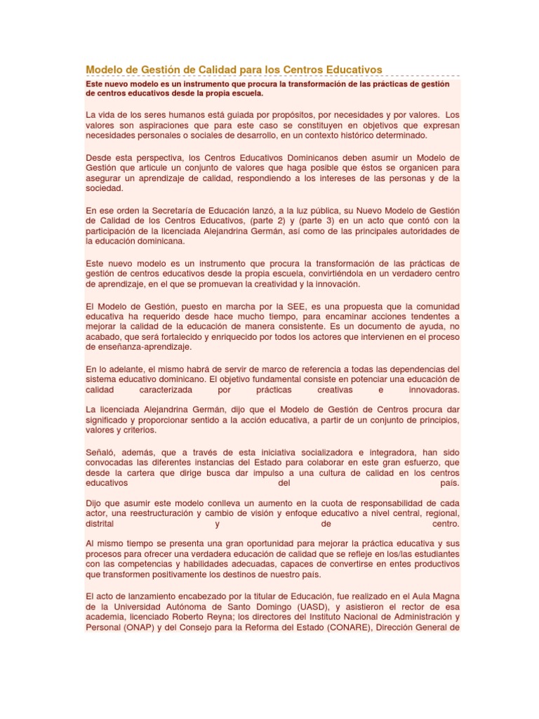 Modelo de Gestión de Calidad Educativa | PDF | República Dominicana ...