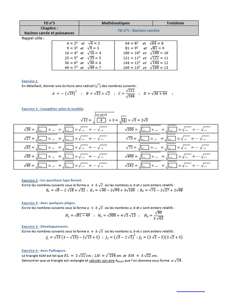 TD Racine - Puissance td5 Racines - Carrees 1 | PDF | Zone | Mathématiques