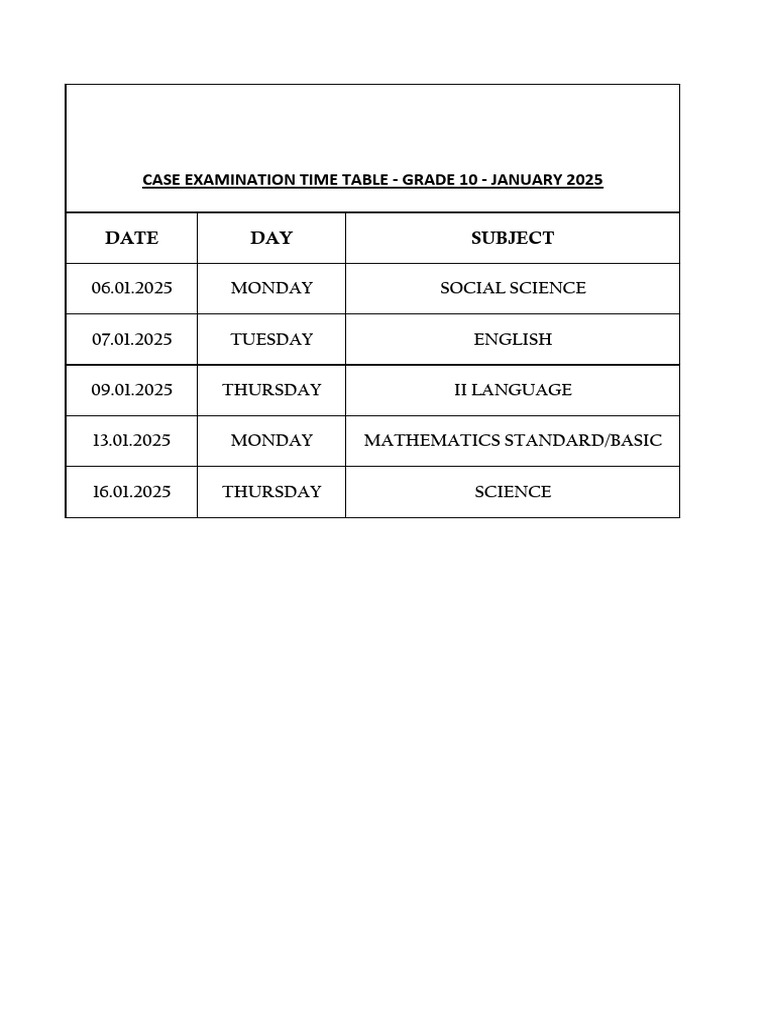 Gr10 CASE Exam Time Table | PDF