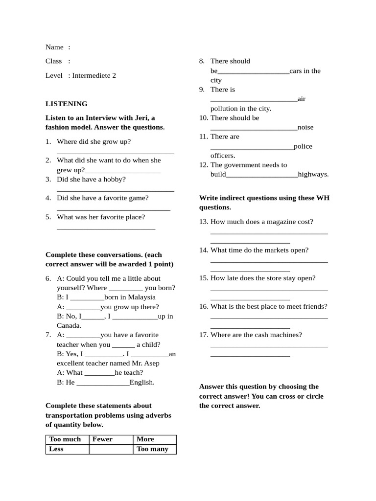 Intermediate 2 Listening Exercise | PDF