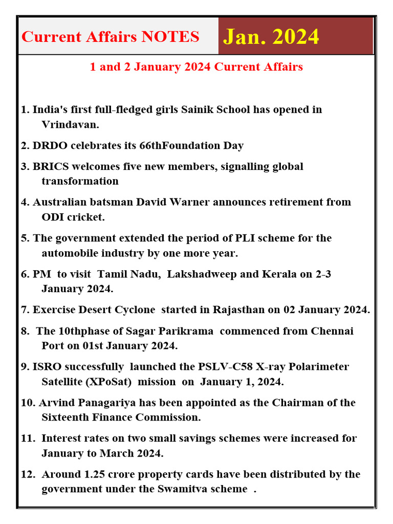 January 2024 Current Affairs Summary | PDF | Narendra Modi