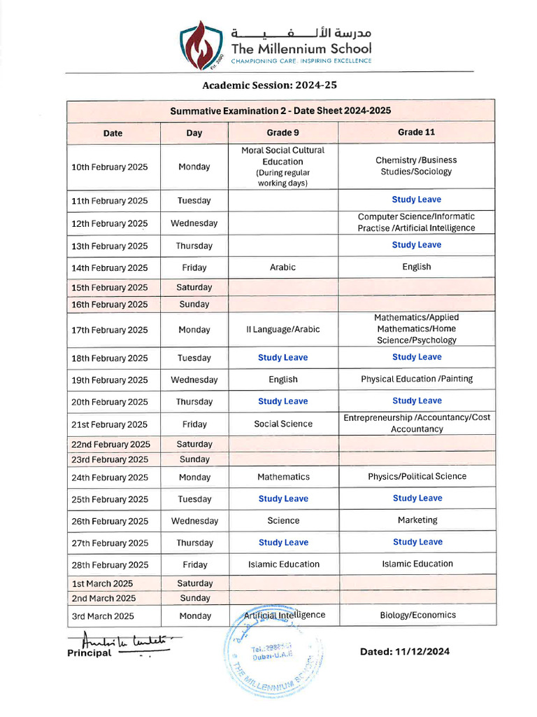 Grades 9 - 11 - SA2 Date Sheet AY 2024 | PDF