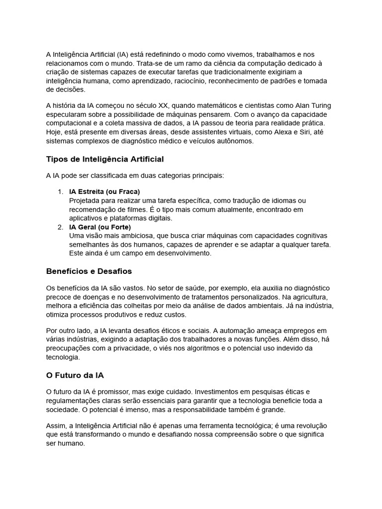Impacto da Inteligência Artificial na Sociedade | PDF