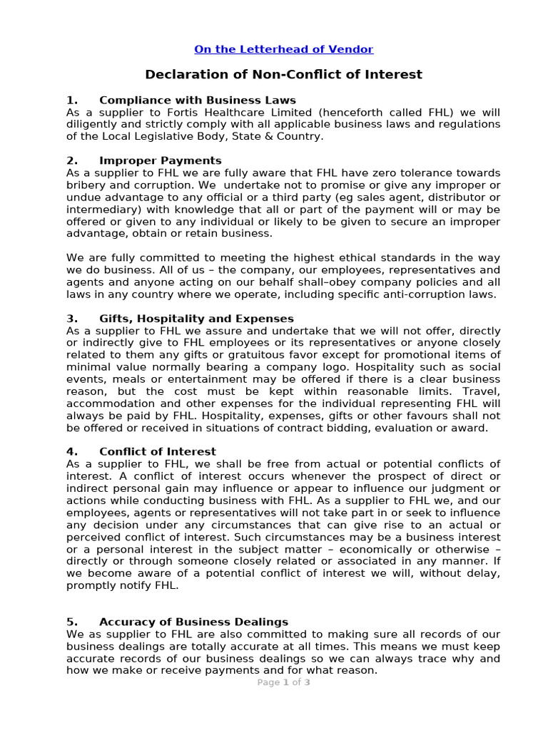Annexure To SOP Purchase P1 - Declaration of Non-Conflict of Interest ...