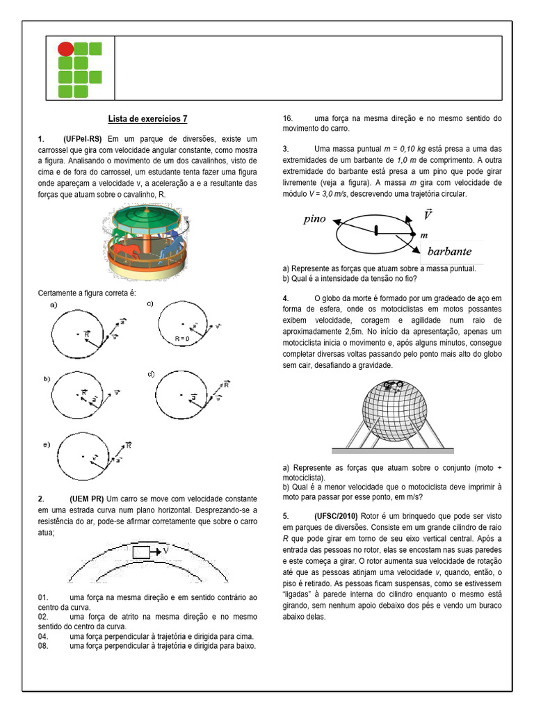 Lista de Exercícios de Física I - Movimento Circular | PDF | Massa ...