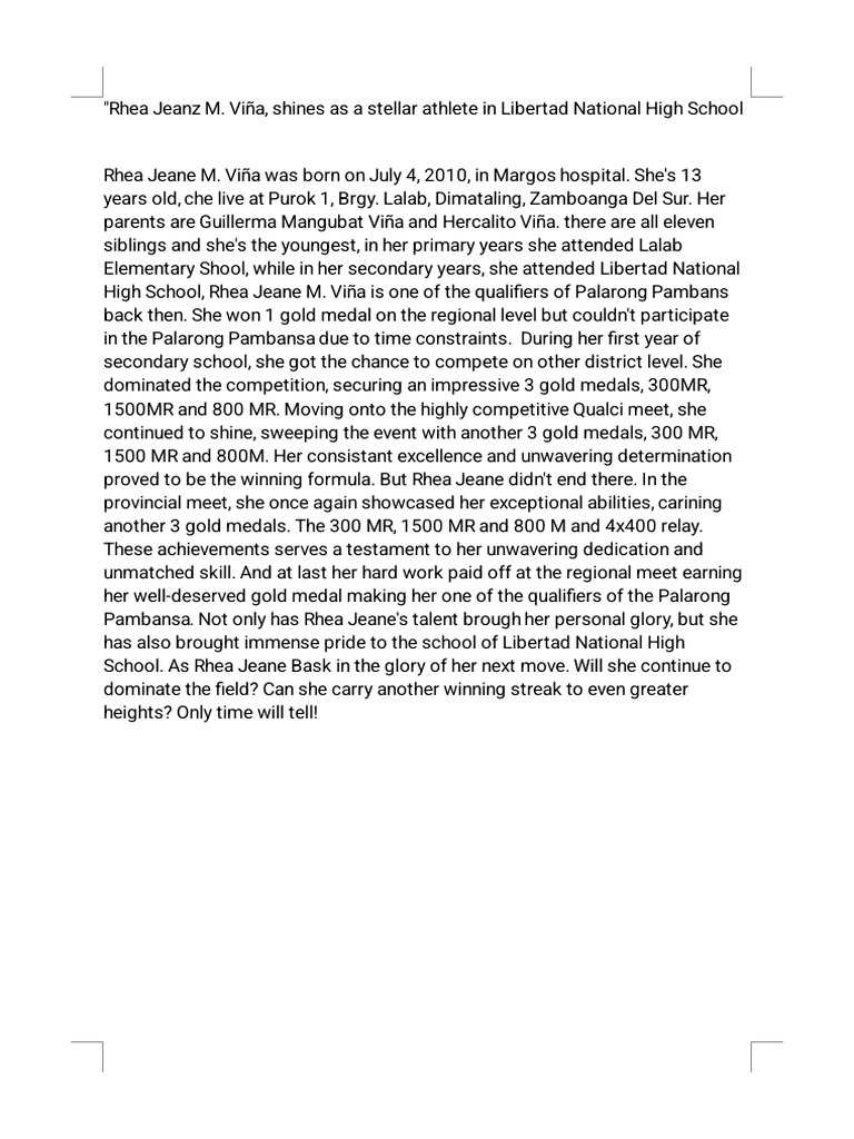 Rhea Jeane Viña: Rising Star Athlete | PDF