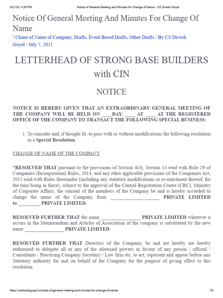 EGM Notice for Company Name Change | PDF | Board Of Directors ...