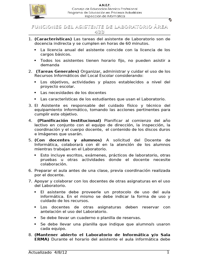 Funciones del Asistente de Laboratorio | PDF | Laboratorios | Maestros