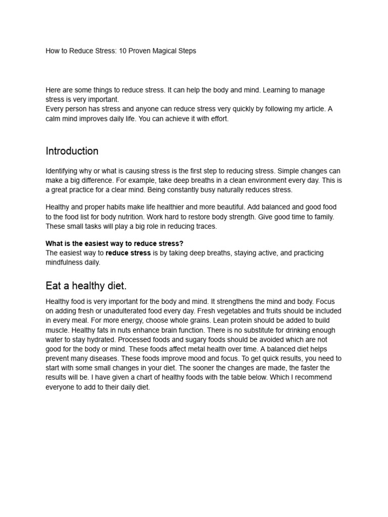 10 Effective Steps to Reduce Stress | PDF | Healthy Diet | Sleep
