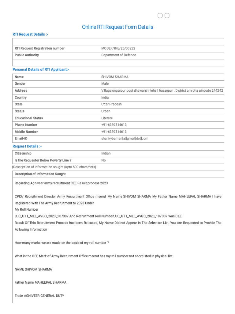 Agniveer Army Rti Request Details Pdf