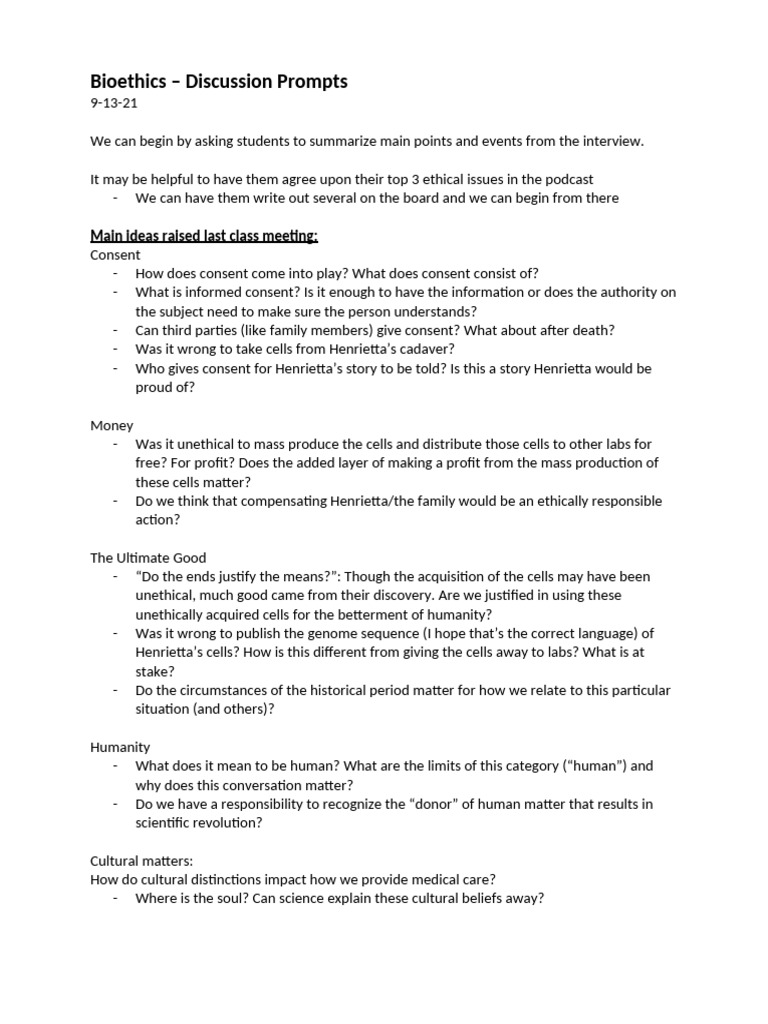 Bioethics - HeLa Discussion Prompts | PDF