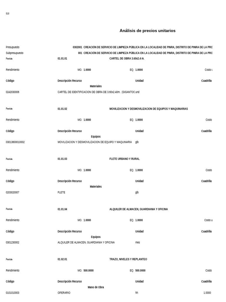 Presupuesto Servicio Limpieza Pública Pinra | PDF | Hormigón ...