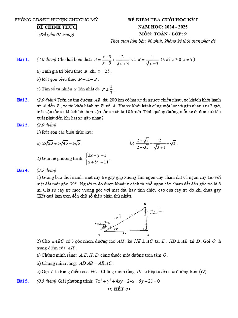De Cuoi Hoc Ky 1 Toan 9 Nam 2024 2025 Phong GDDT Chuong My Ha Noi | PDF