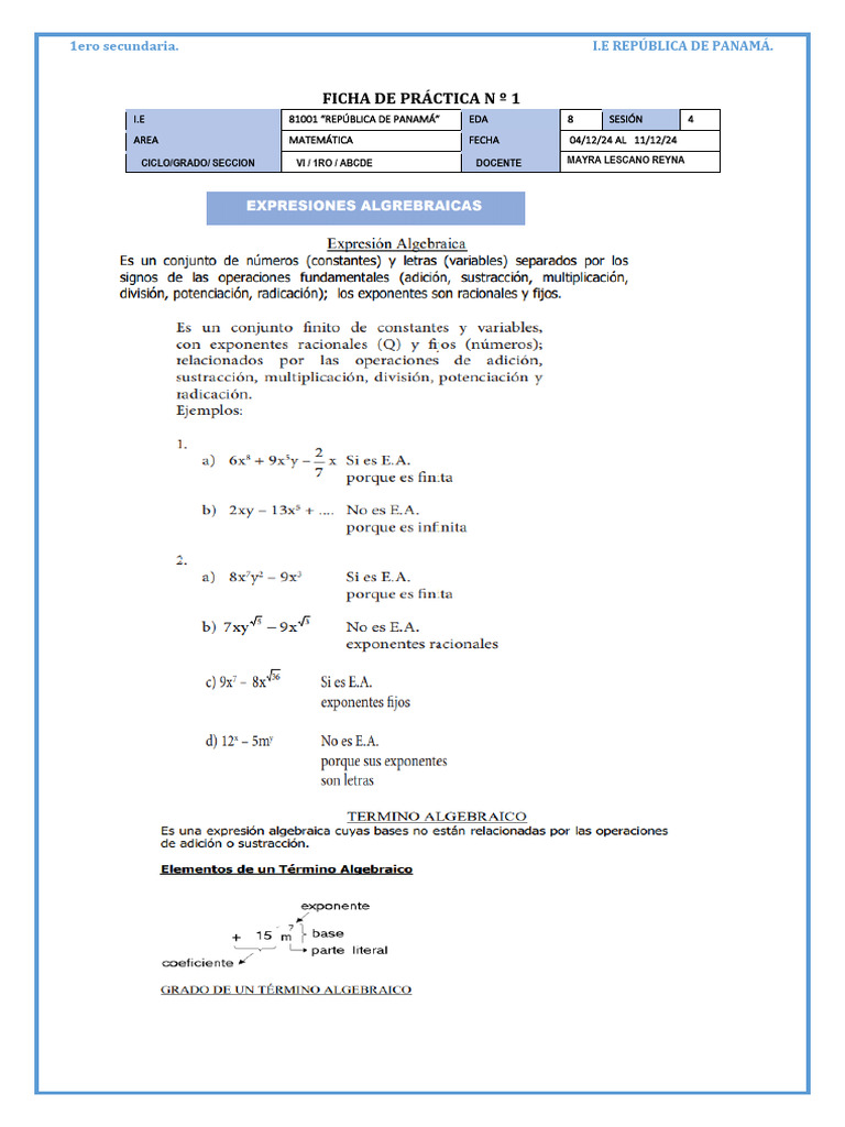 Prácticas de Matemática 1ero Secundaria | PDF