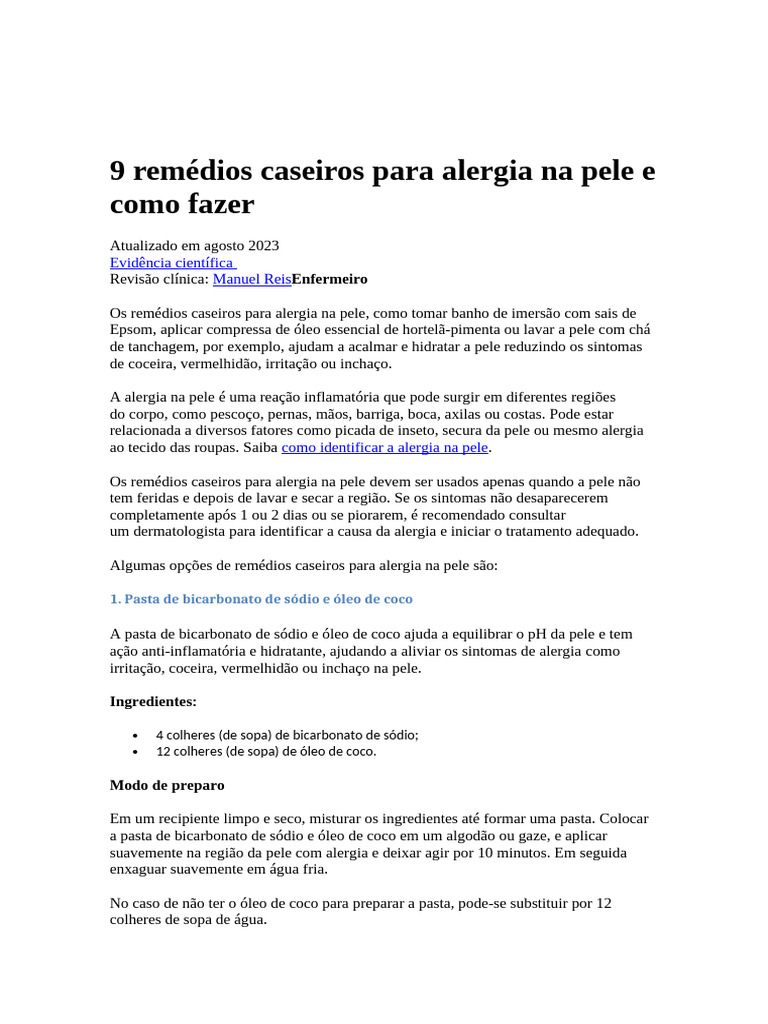 9 remédios caseiros para alergia na pele e como fazer | PDF | Alergia
