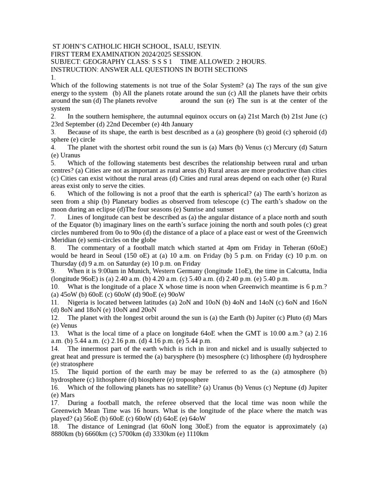 Ss1 Geography 1st Term Pdf Planets Sun