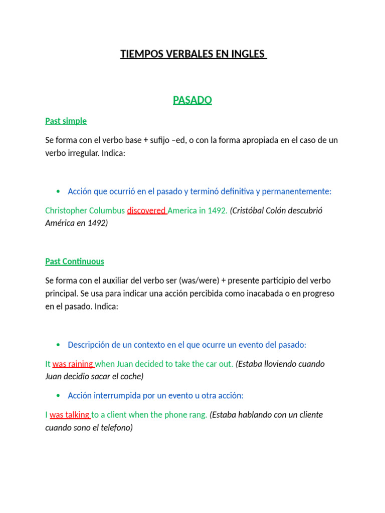 Tiempos Verbales en Inglés: Pasado | PDF