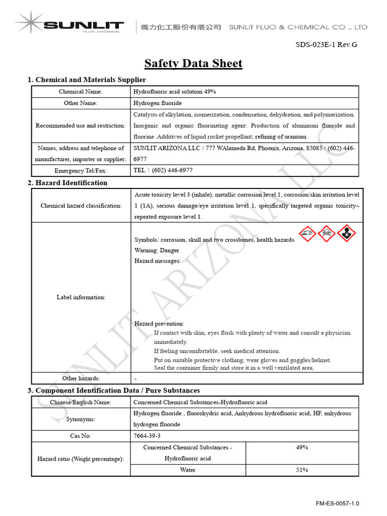 Hydrofluoric Acid Safety Data Sheet | PDF | Hazardous Waste | Resource ...