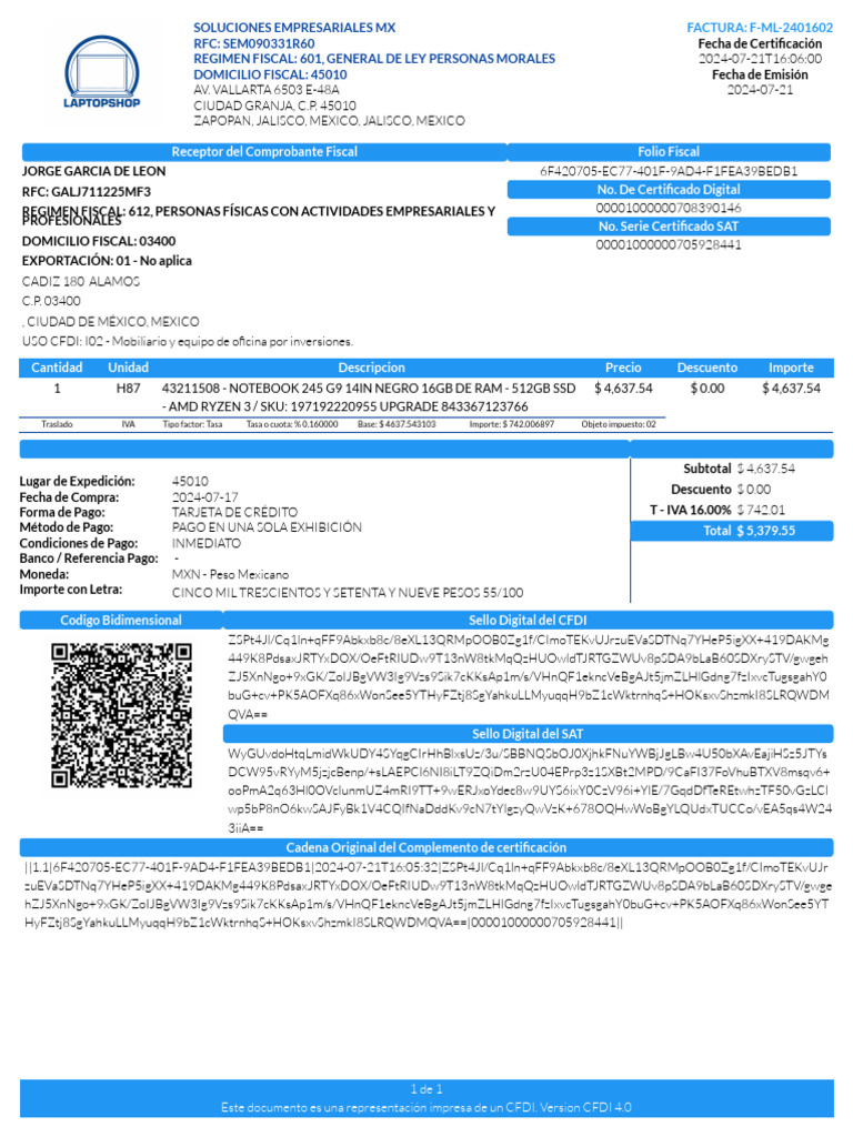 Factura CFDI Laptop HP 2024 | PDF | Comercio | Pagos