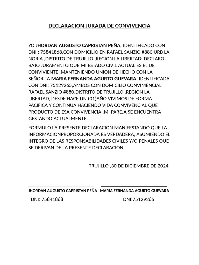 Declaracion Jurada de Convivencia Jhordan Capristan | PDF