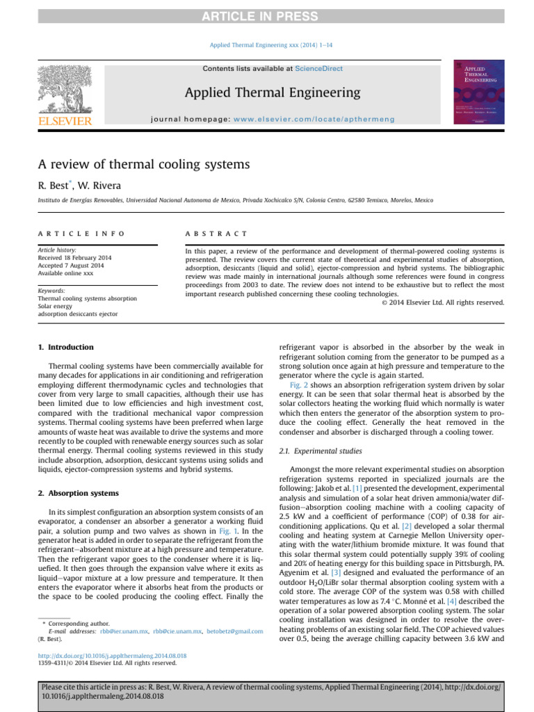A Review of Thermal Cooling Systems | PDF | Adsorption | Refrigeration