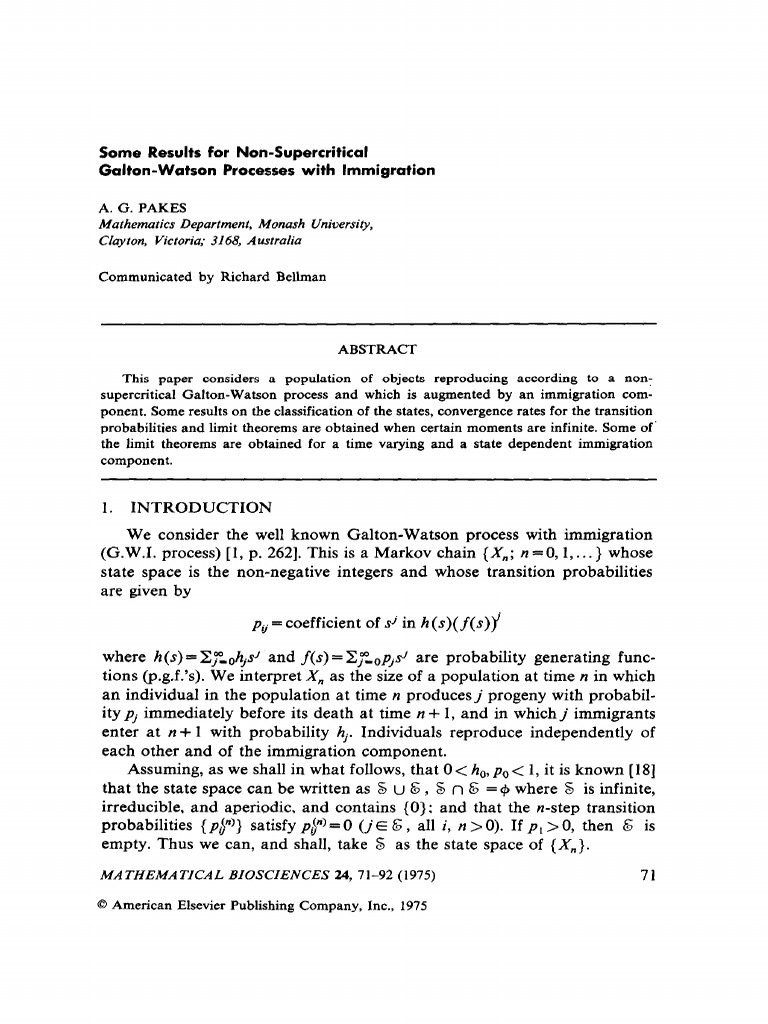 Pakes Non-Supersritical GWI Math. Biosci 1975 | PDF | Markov Chain ...