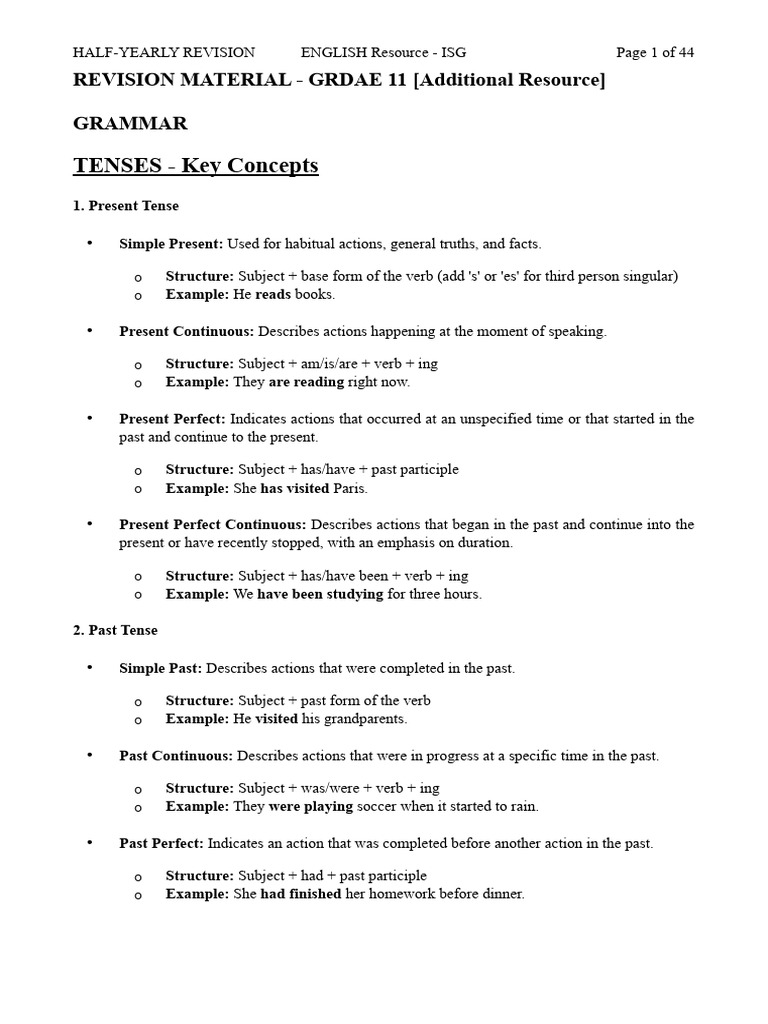 Grade 11 English Grammar Revision Guide | PDF | Adverb | Perfect (Grammar)