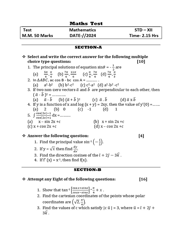 Maths Test (1) | PDF | Trigonometric Functions | Vector Space