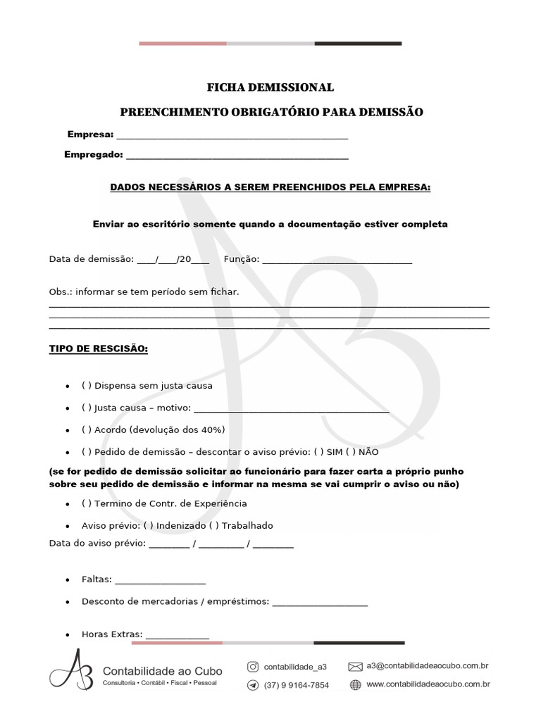Ficha de Demissão e Rescisão | PDF