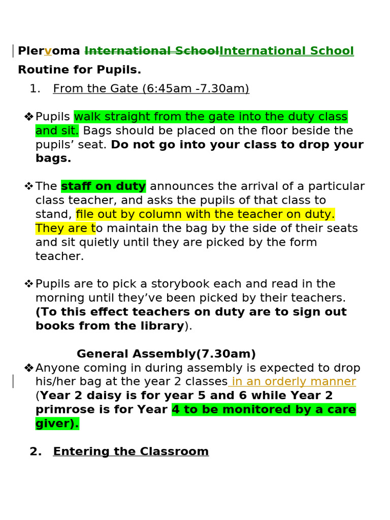 Plervoma School Pupils' Daily Routine | PDF | Teachers | Classroom